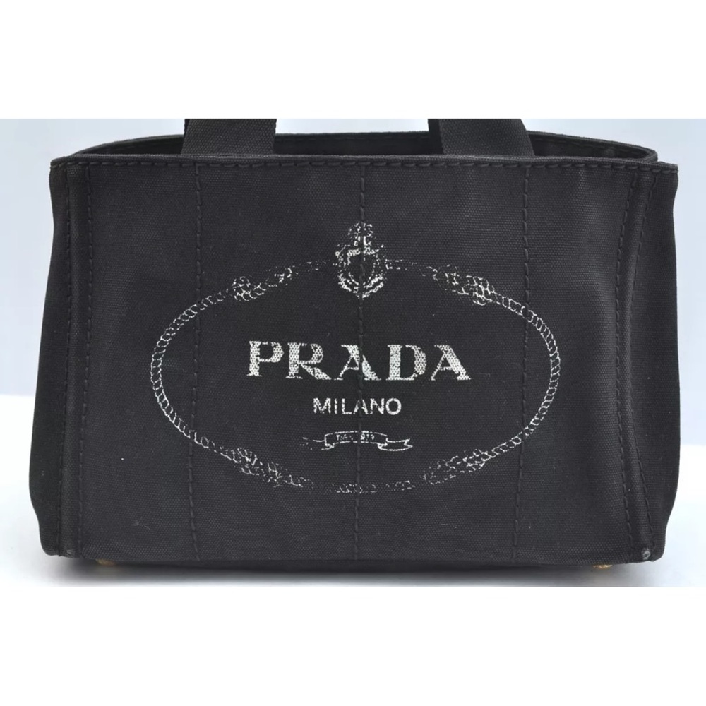 Authentic PRADA Canapa Canvas Shoulder Hand Bag Purse Black small size tote